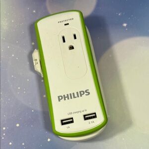 Philips White and Green Dual USB Travel Wall Charger with AC Outlet